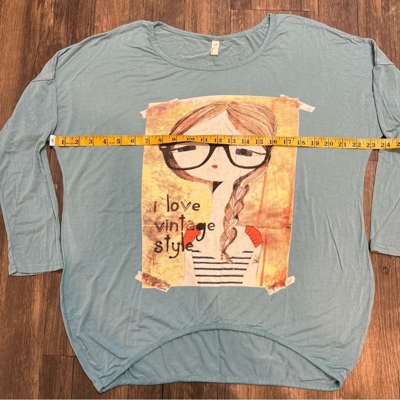 Tui Bian Blue Long Sleeves Round Neck Printed Logo Tee Shirt Top Cotton Size M - Picture 6 of 6